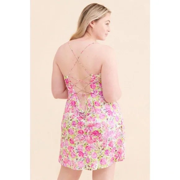 New For Love and Lemons Paulina pink and green floral lace up mini dress XL - Picture 3 of 9